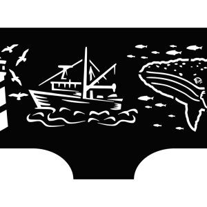 A black steel fire pit panel featuring intricate laser-cut designs, including an anchor entwined with rope, a lighthouse with seagulls, a fishing boat on waves, a whale with fish, and a compass rose. The phrase 'Life is Better by the Water' is prominently cut into the steel, adding a rustic coastal charm to the piece.